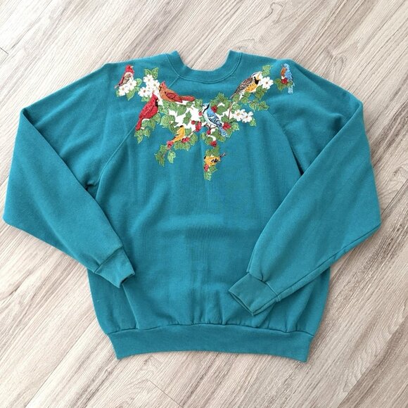 Vintage 80s Hand Painted Glitter‎ Bird Sweatshirt Womens XL Holiday Christmas - Picture 1 of 7